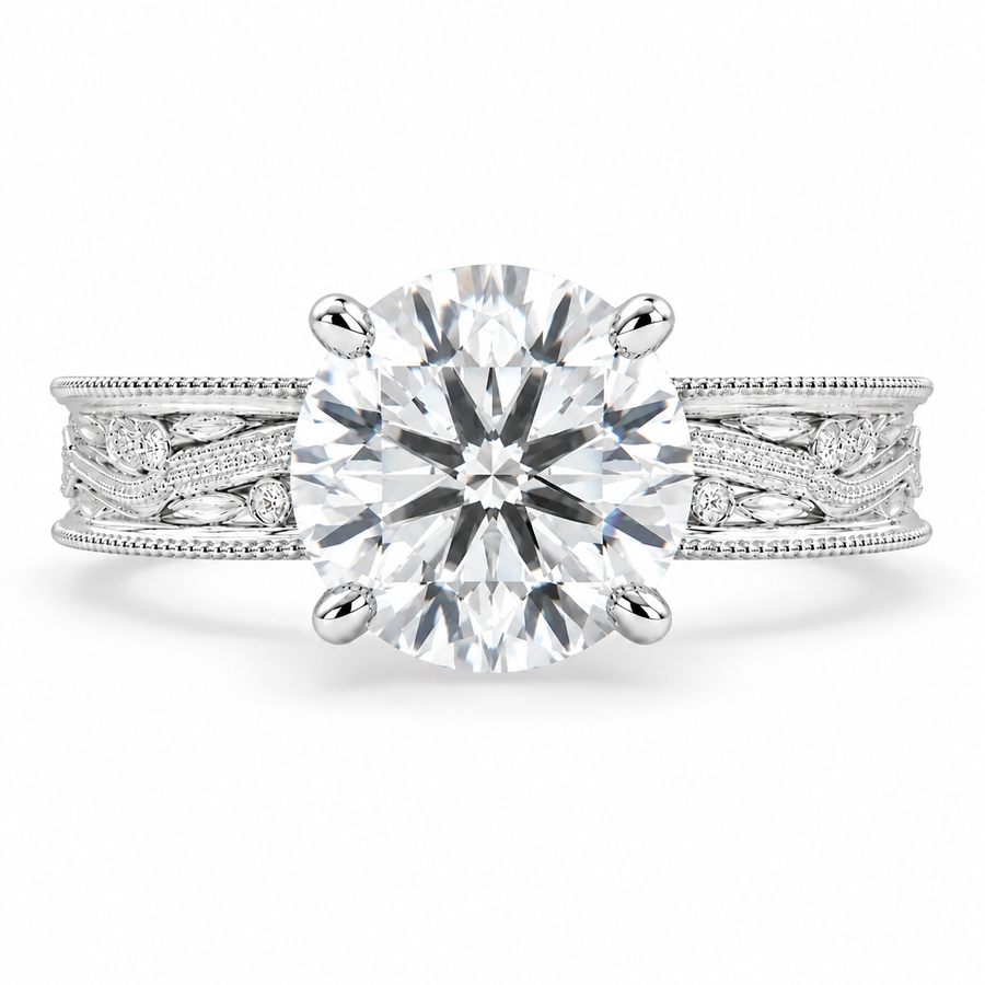 Sabrina 6 Carat Round Cut Lab-Grown Diamond Solitaire Hand-Engraved Milgrain Engagement Ring