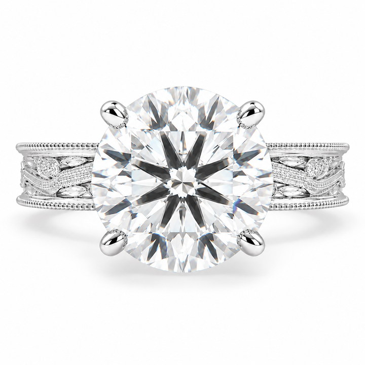 Sabrina 7 Carat Round Cut Lab-Grown Diamond Solitaire Hand-Engraved Milgrain Engagement Ring
