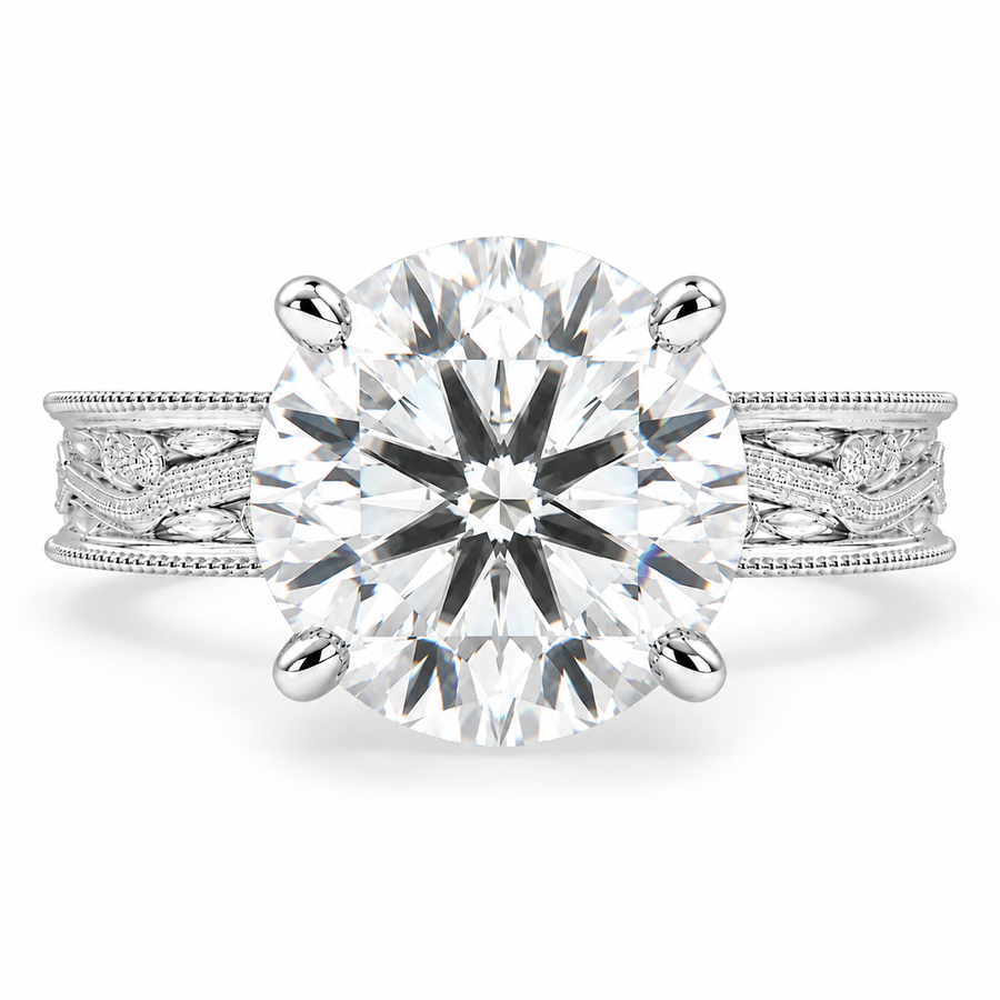 Sabrina 7 Carat Round Cut Lab-Grown Diamond Solitaire Hand-Engraved Milgrain Engagement Ring
