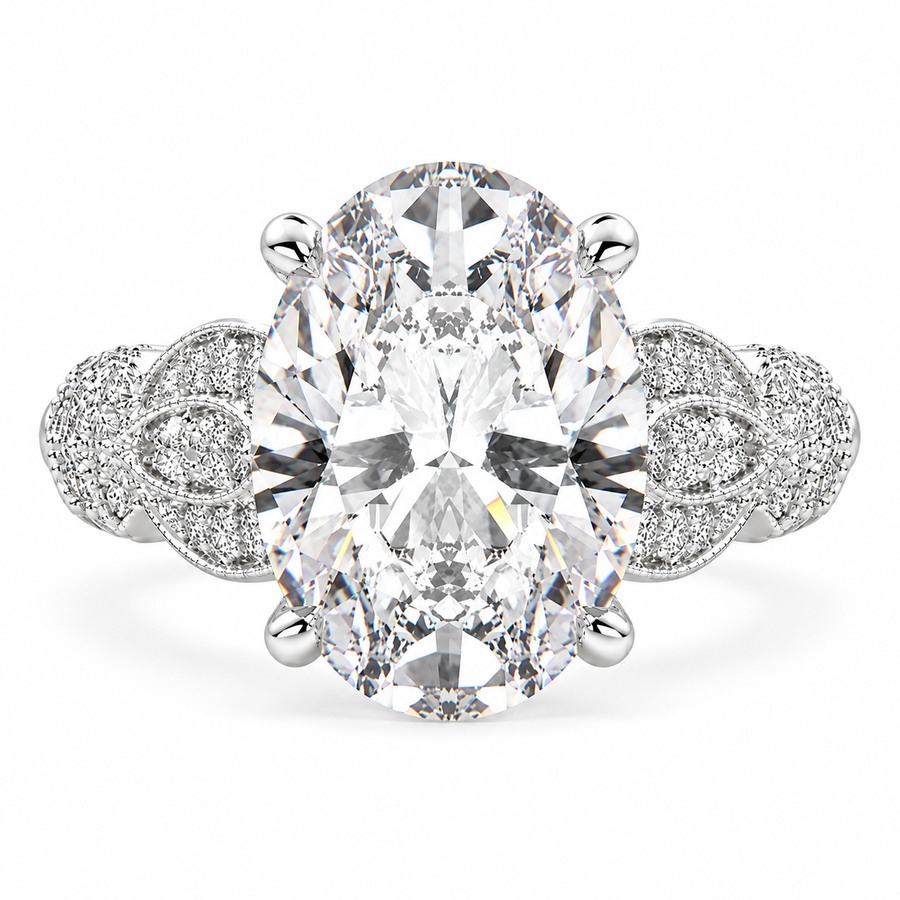 Nadia 6 Carat Oval Cut Lab-Grown Diamond Pavé Milgrain Engagement Ring
