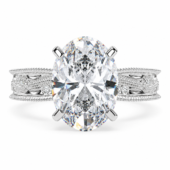 5 Carat Oval Cut Lab-Grown Diamond Solitaire Hand Engraved Milgrain Engagement Ring