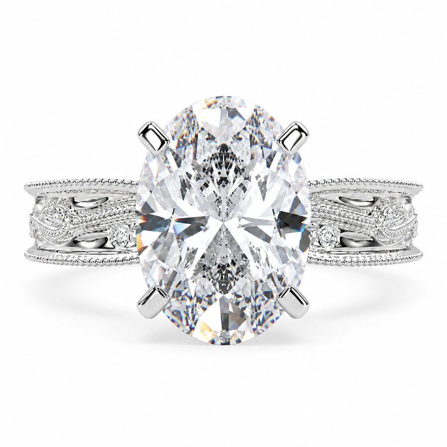 5 Carat Oval Cut Lab-Grown Diamond Solitaire Hand Engraved Milgrain Engagement Ring