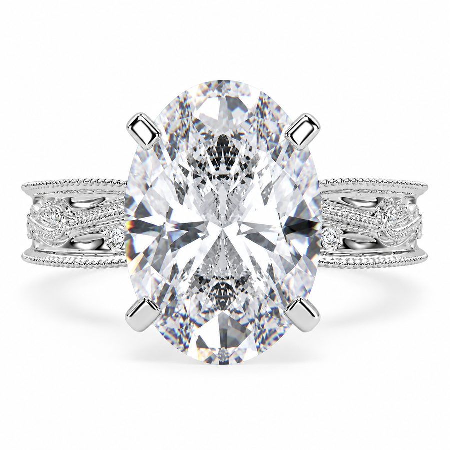 6 Carat Oval Cut Lab-Grown Diamond Solitaire Hand Engraved Milgrain Engagement Ring