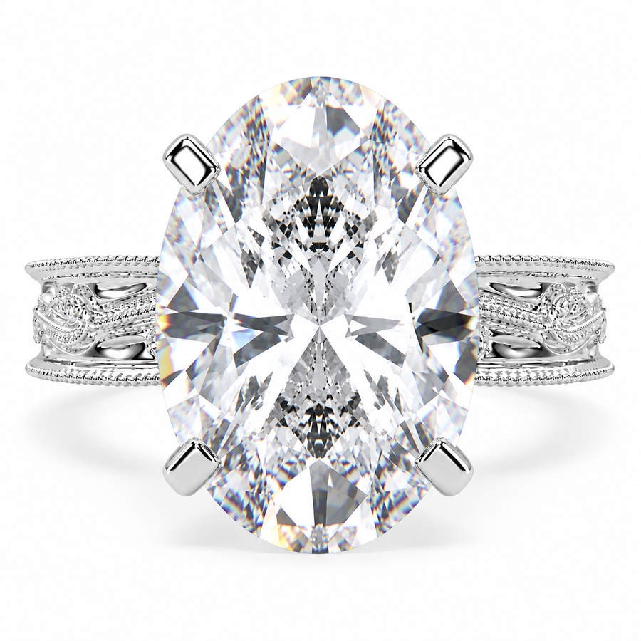 7 Carat Oval Cut Lab-Grown Diamond Solitaire Hand Engraved Milgrain Engagement Ring