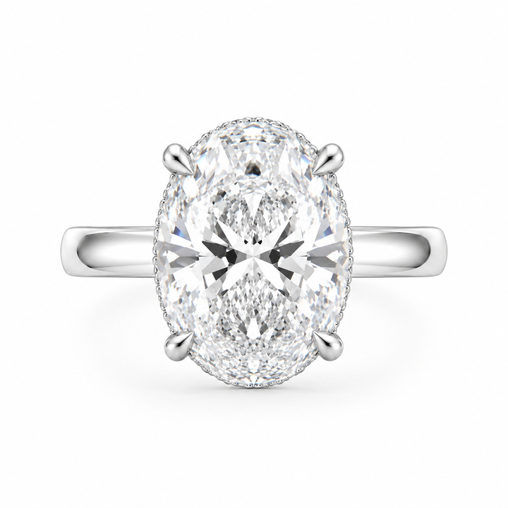 4 Carat Oval Lab-Grown Diamond Hidden Halo Engagement Ring in 14K White Gold – Pavé Band