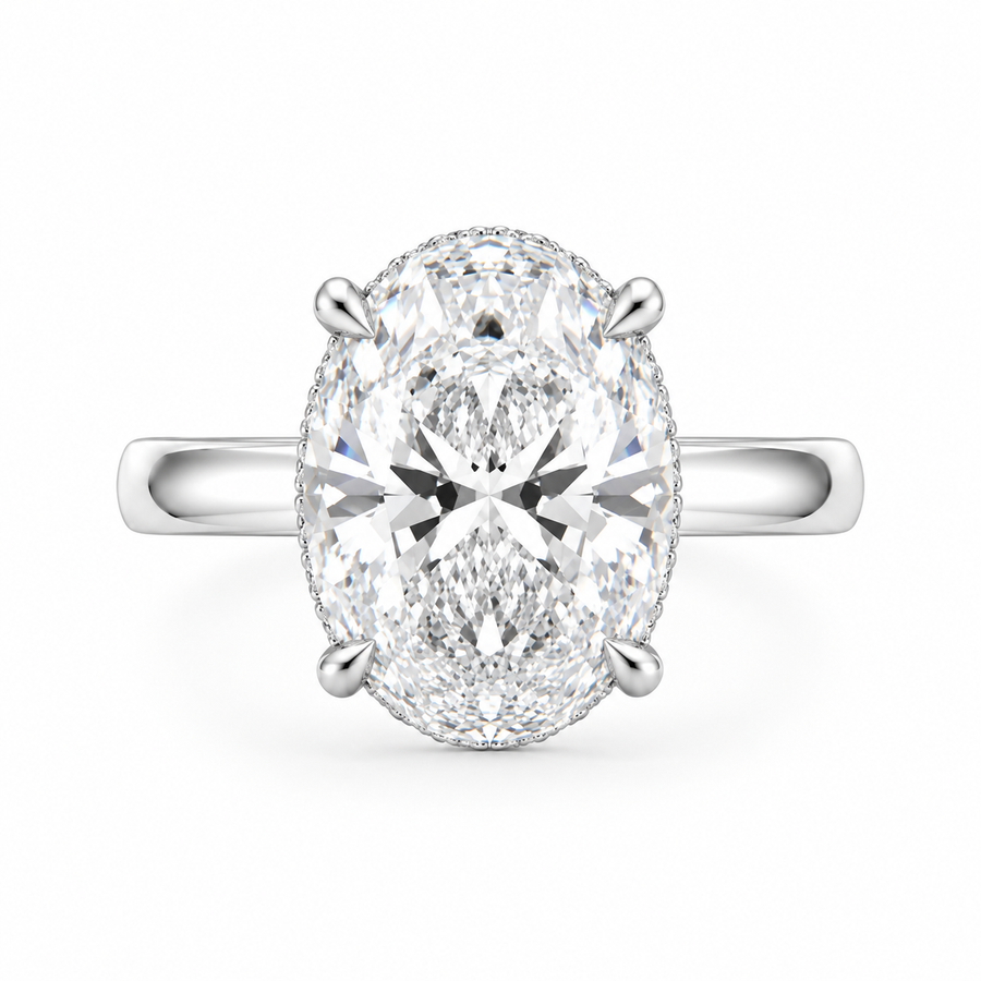 4 Carat Oval Lab-Grown Diamond Hidden Halo Engagement Ring in 14K White Gold – Pavé Band