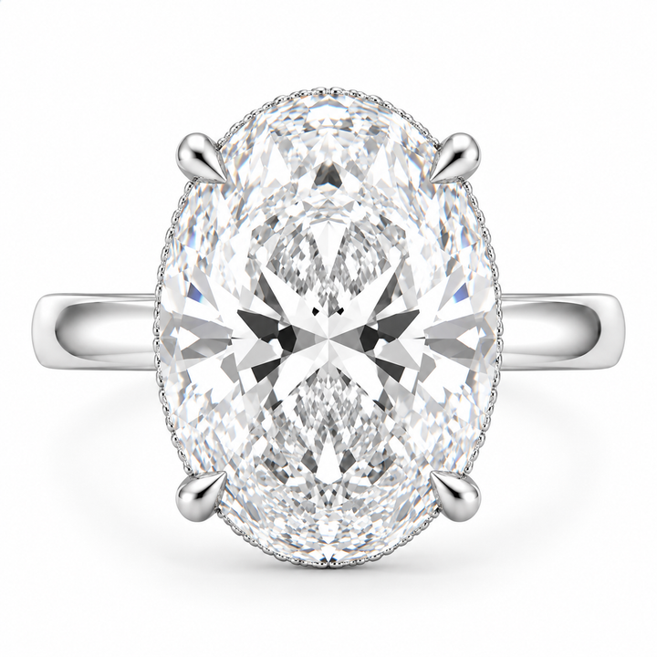 6 Carat Oval Lab-Grown Diamond Hidden Halo Engagement Ring in 14K White Gold – Pavé Band