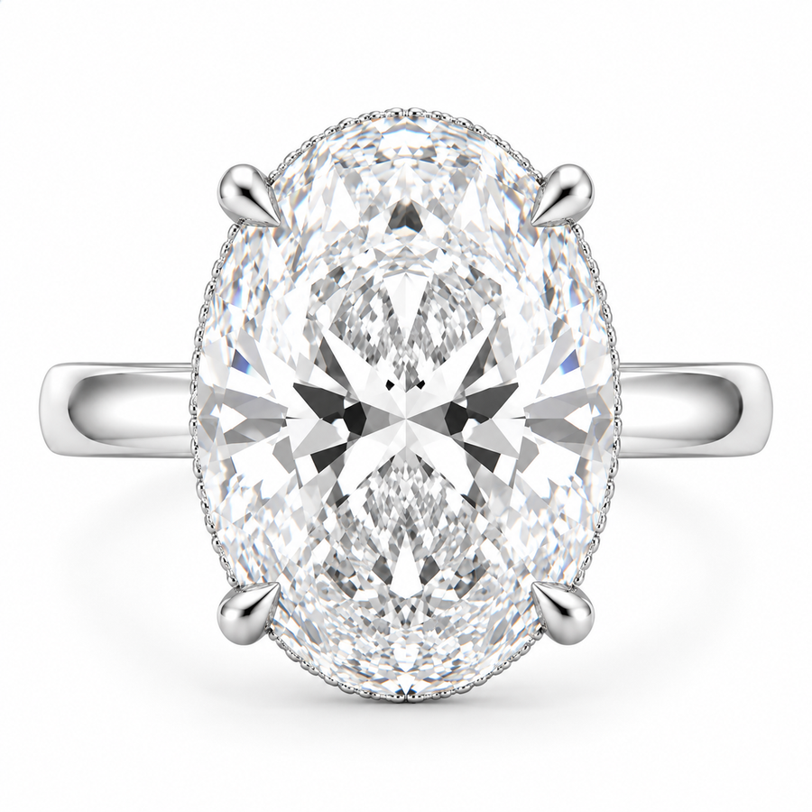 6 Carat Oval Lab-Grown Diamond Hidden Halo Engagement Ring in 14K White Gold – Pavé Band