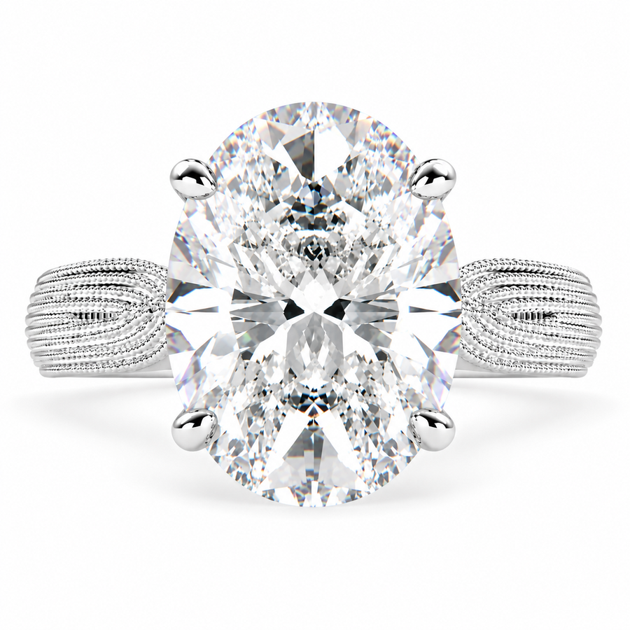 Valentina 6 Carat Oval Cut Lab-Grown Diamond Solitaire Tapered Milgrain Engagement Ring
