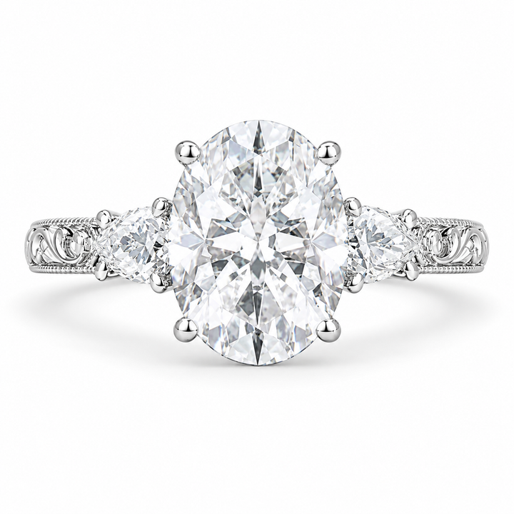 5 Carat Oval Cut Lab-Grown Diamond Three-Stone Engagement Ring in 14K White Gold – Victorian Lotus Engraved Design