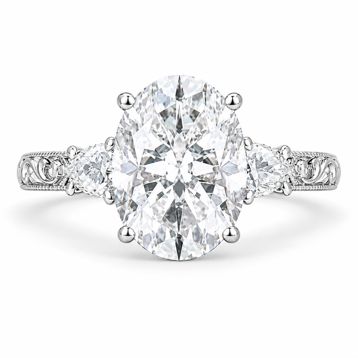 6 Carat Oval Cut Lab-Grown Diamond Three-Stone Engagement Ring in 14K White Gold – Victorian Lotus Engraved Design