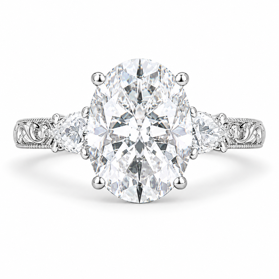 6 Carat Oval Cut Lab-Grown Diamond Three-Stone Engagement Ring in 14K White Gold – Victorian Lotus Engraved Design