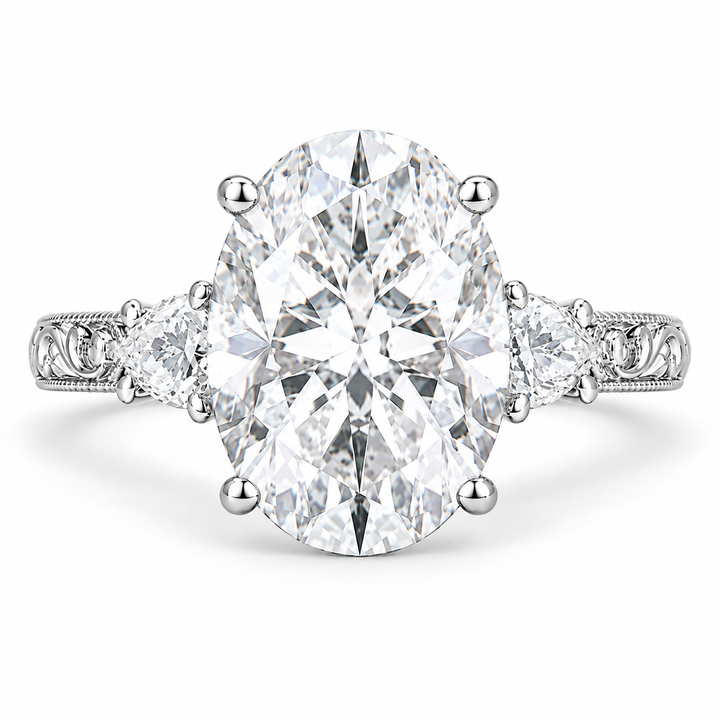 7 Carat Oval Cut Lab-Grown Diamond Three-Stone Engagement Ring in 14K White Gold – Victorian Lotus Engraved Design