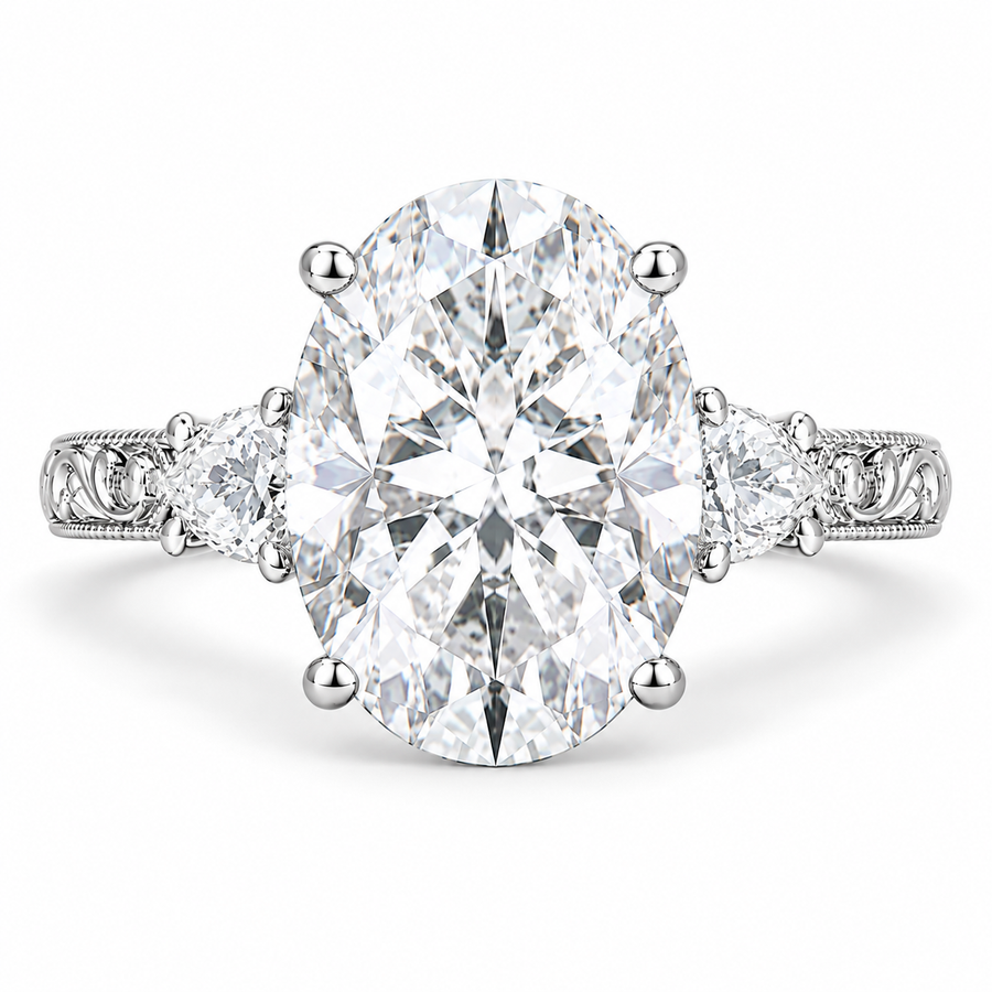 7 Carat Oval Cut Lab-Grown Diamond Three-Stone Engagement Ring in 14K White Gold – Victorian Lotus Engraved Design