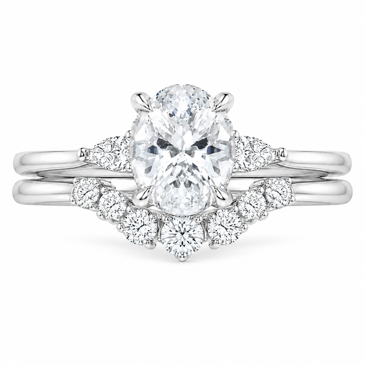 4 Carat Oval Lab-Grown Diamond 2PCS Bridal Set in 14K White Gold – Three-Stone Matching Wedding Ring