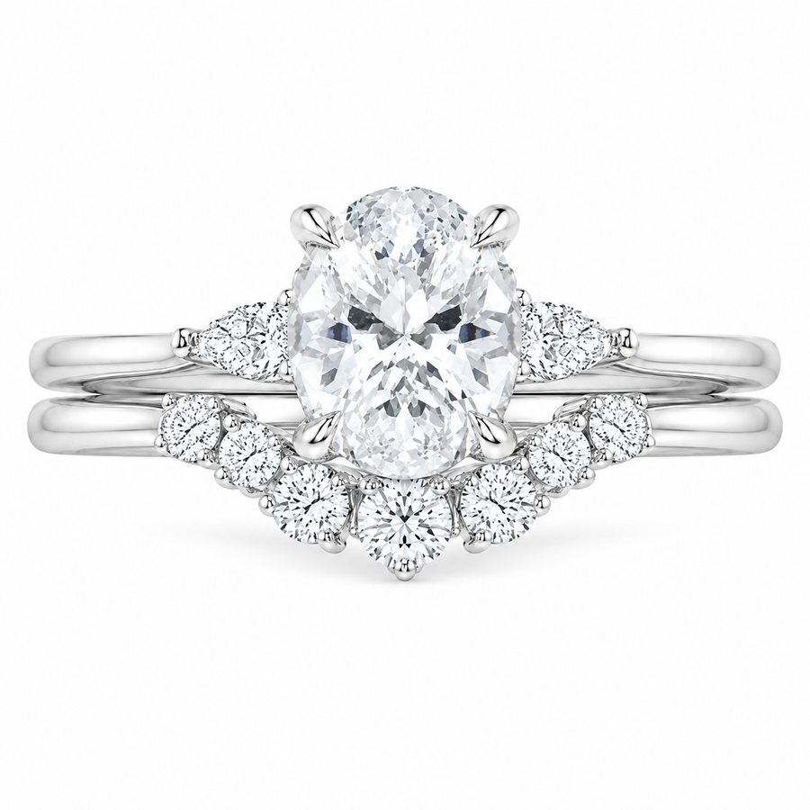 4 CT Oval Lab-Grown Diamond 2PCS Bridal Set in 14K White Gold Three Stone Matching Wedding Ring