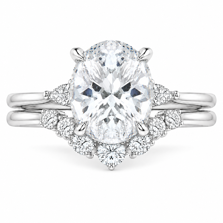 6 Carat Oval Lab-Grown Diamond 2PCS Bridal Set in 14K White Gold – Three-Stone Matching Wedding Ring