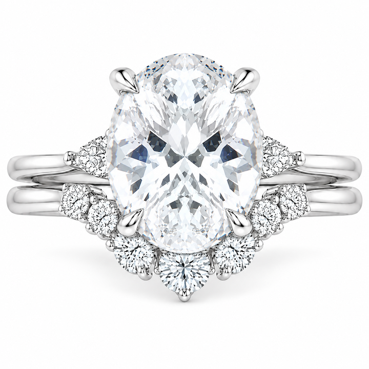 7 Carat Oval Lab-Grown Diamond 2PCS Bridal Set in 14K White Gold – Three-Stone Matching Wedding Ring