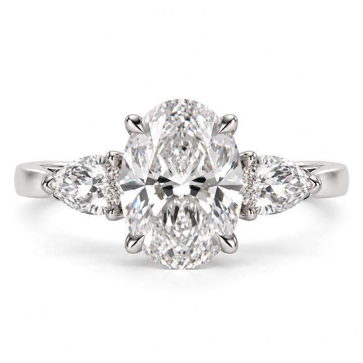 4 Carat Oval Cut Lab-Grown Diamond Engagement Ring with Pear Side Stones