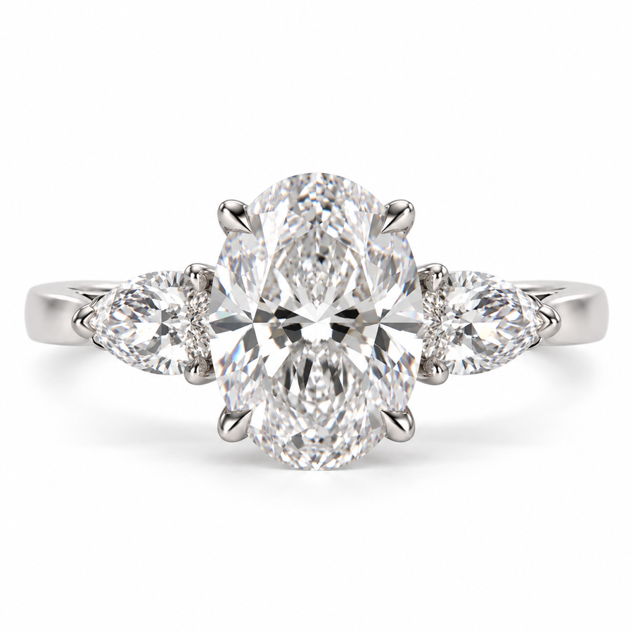 4 Carat Oval Cut Lab-Grown Diamond Engagement Ring with Pear Side Stones