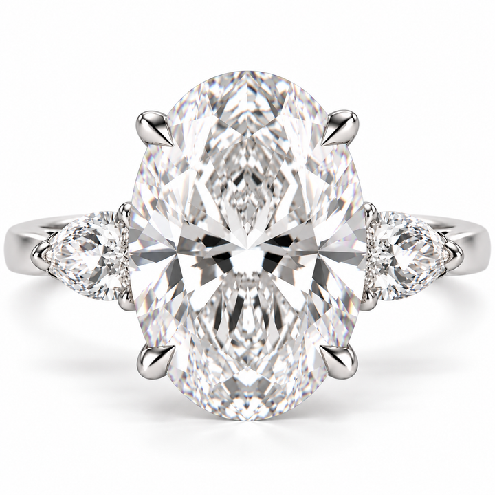 7 Carat Oval Cut Lab-Grown Diamond Engagement Ring with Pear Side Stones