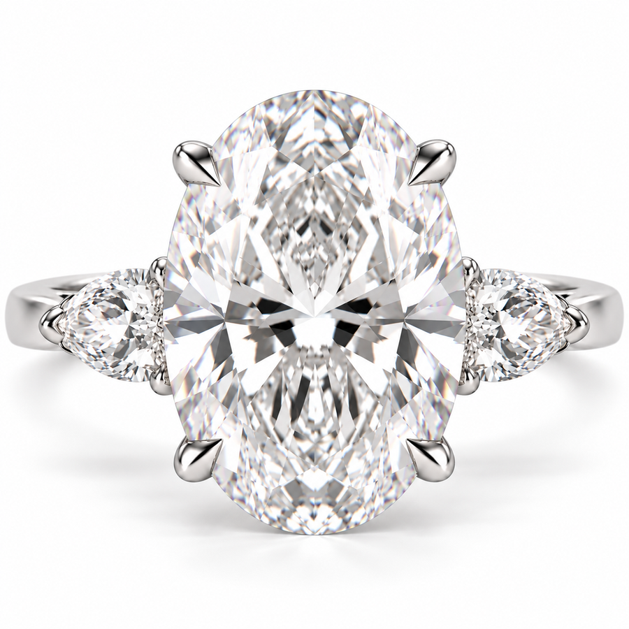 7 Carat Oval Cut Lab-Grown Diamond Engagement Ring with Pear Side Stones