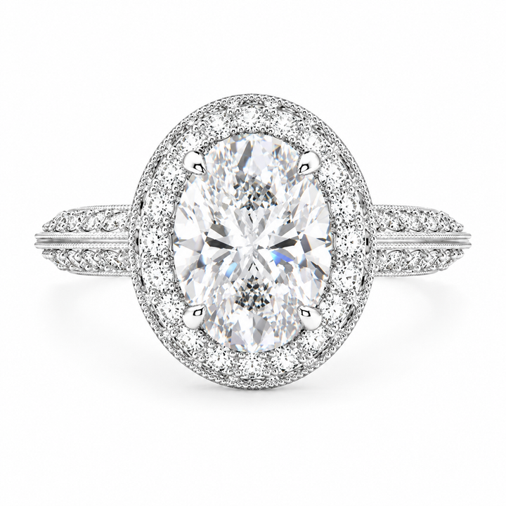 Beatrice 4 Carat Oval Cut Lab-Grown Diamond Halo Pavé Knife Edge Milgrain Engagement Ring