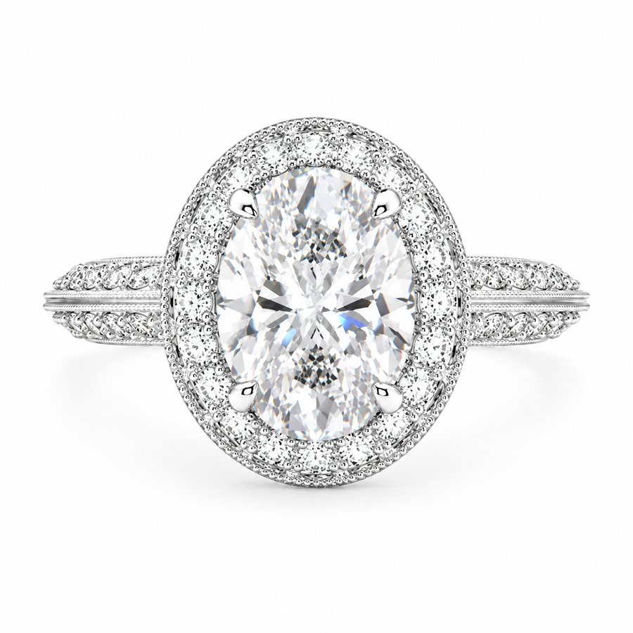 Beatrice 4 Carat Oval Cut Lab-Grown Diamond Halo Pavé Knife Edge Milgrain Engagement Ring