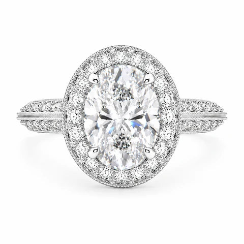 Beatrice 2.45 Carat Oval Cut Halo Pave Knife Edge Milgrain Engagement Ring