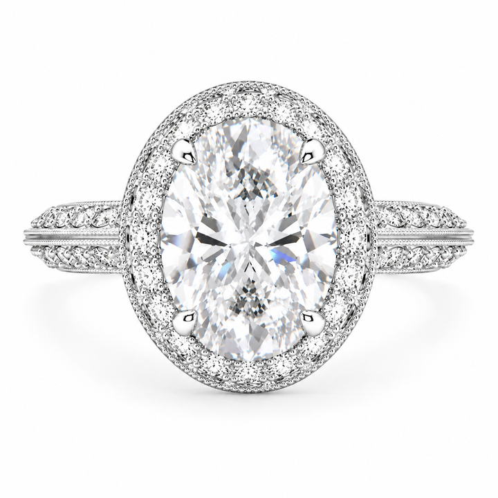 Beatrice 5 Carat Oval Cut Lab-Grown Diamond Halo Pavé Knife Edge Milgrain Engagement Ring