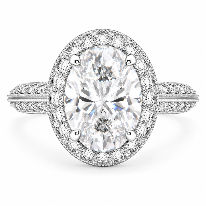 Beatrice 6 Carat Oval Cut Lab-Grown Diamond Halo Pavé Knife Edge Milgrain Engagement Ring
