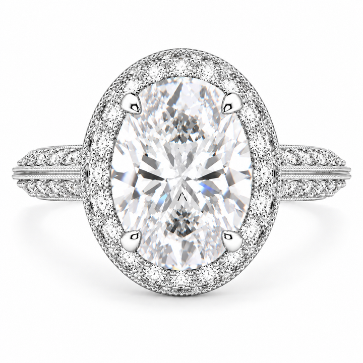 Beatrice 7 Carat Oval Cut Lab-Grown Diamond Halo Pavé Knife Edge Milgrain Engagement Ring
