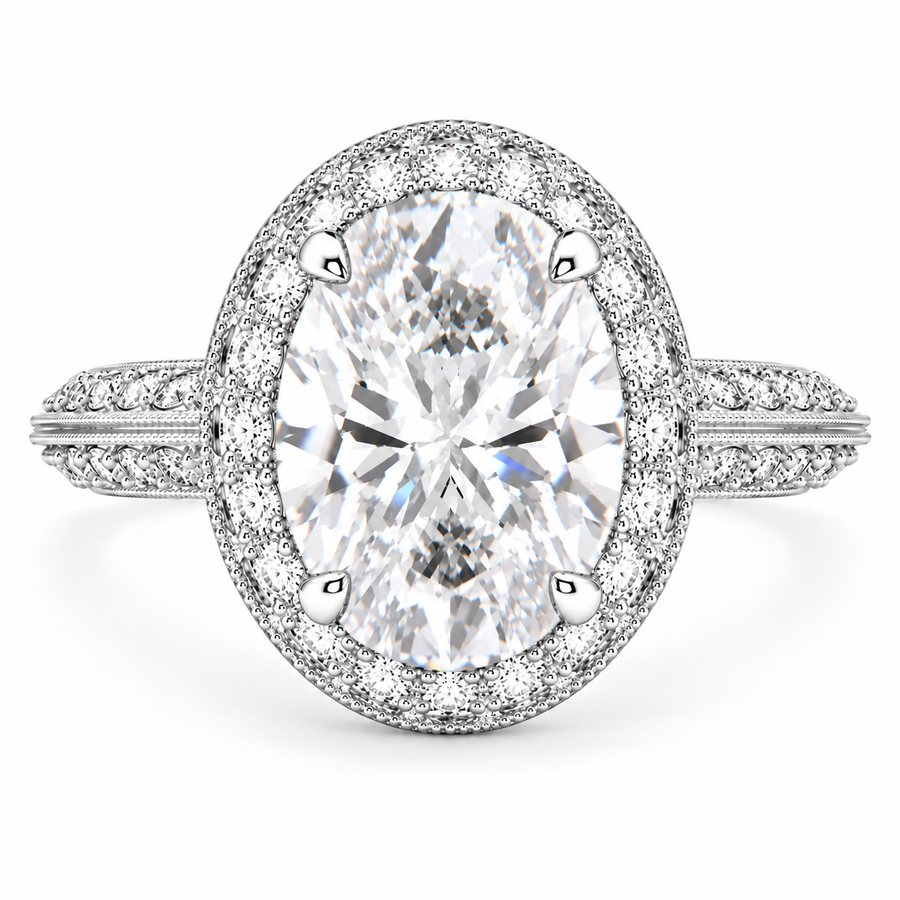 Beatrice 7 Carat Oval Cut Lab-Grown Diamond Halo Pavé Knife Edge Milgrain Engagement Ring