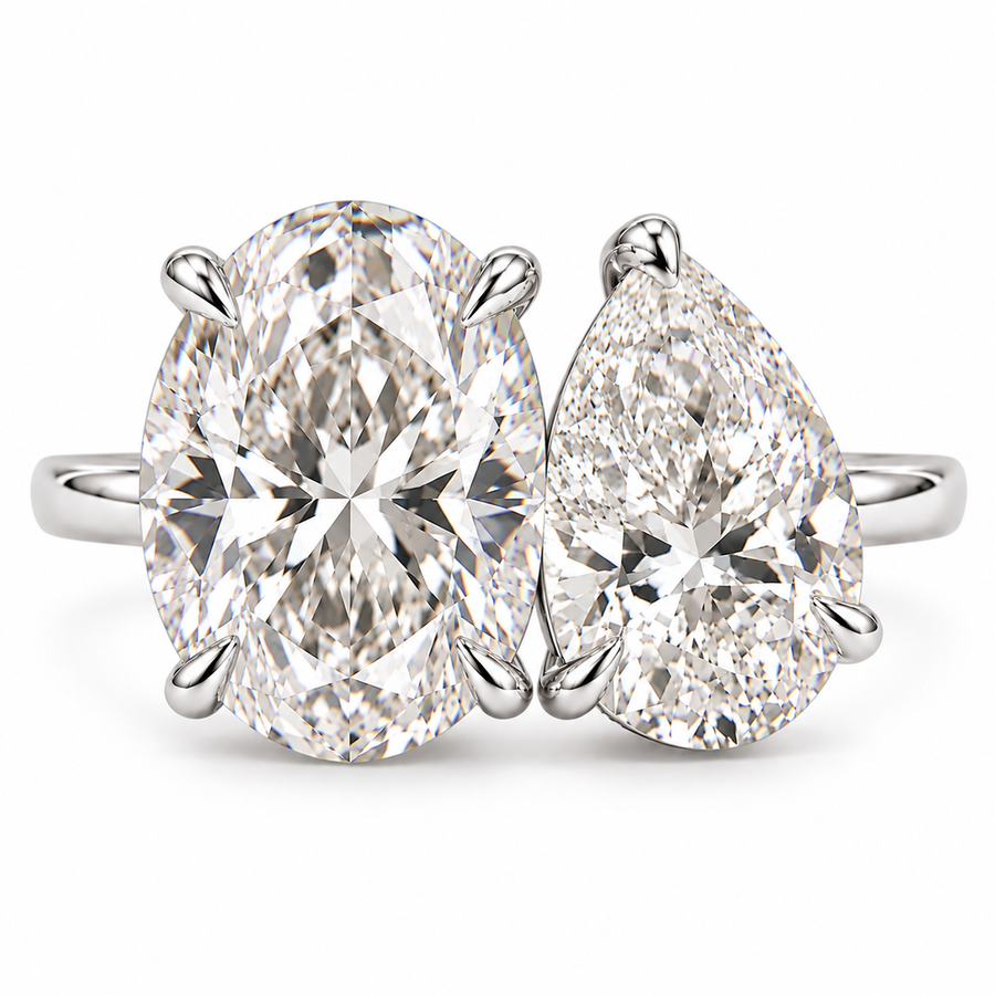 6 Carat Oval & Pear Shape Lab-Grown Diamond Toi et Moi Engagement Ring