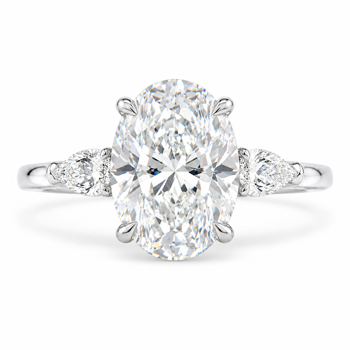 5 Carat Oval Cut Lab-Grown Diamond Three-Stone Engagement Ring in 14K White Gold – Pear Side Diamond Wedding Design