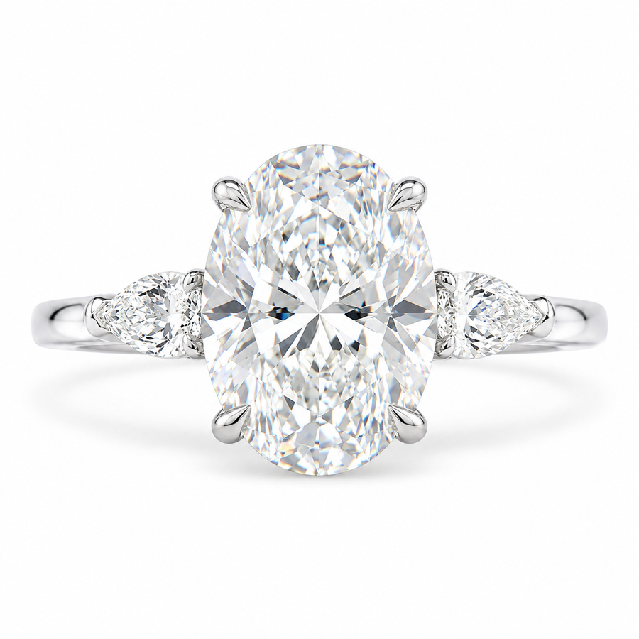 5 Carat Oval Cut Lab-Grown Diamond Three-Stone Engagement Ring in 14K White Gold – Pear Side Diamond Wedding Design