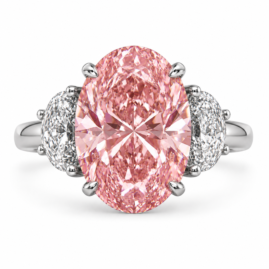 6 Carat Fancy Pink Oval Cut Lab-Grown Diamond Three-Stone Engagement Ring with 1.50 CT Half Moon Side Diamonds in 18K White Gold