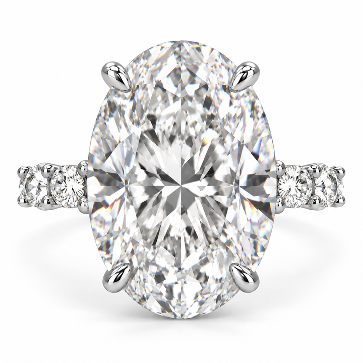 7 CT Oval Cut Lab-Grown Diamond Hidden Halo Pavé Prong Set Engagement Ring with Round Side Diamonds