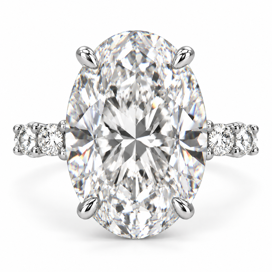 7 CT Oval Cut Lab-Grown Diamond Hidden Halo Pavé Prong Set Engagement Ring with Round Side Diamonds