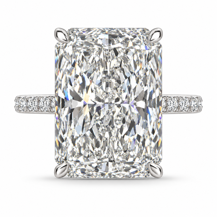 7 CT Radiant Cut Lab-Grown Diamond Hidden Halo Pavé Engagement Ring with Round Diamond