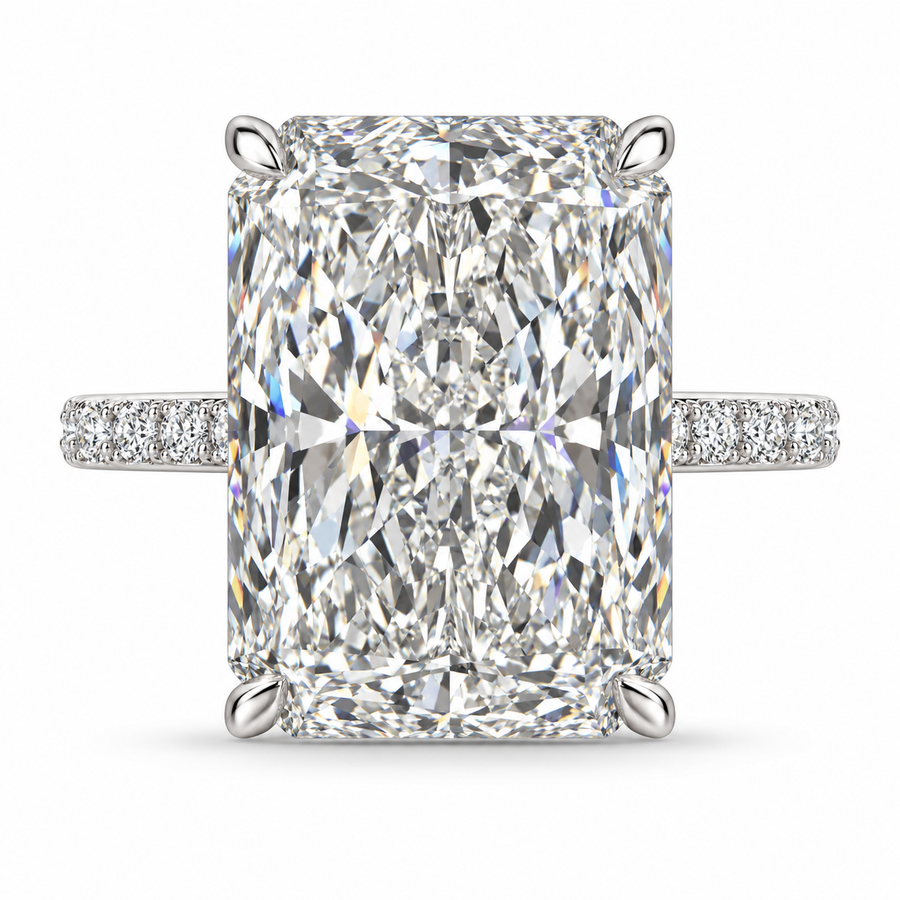 7 CT Radiant Cut Lab-Grown Diamond Hidden Halo Pavé Engagement Ring with Round Diamond