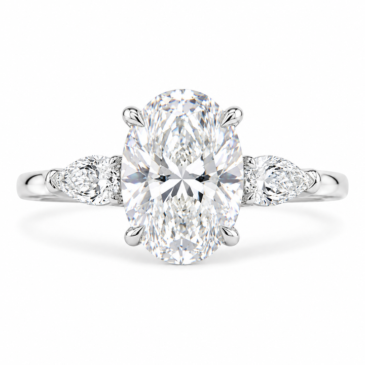 5 CT Oval Cut Lab-Grown Diamond Three-Stone Engagement Ring in 14K White Gold – Pear Side Diamond Wedding Design