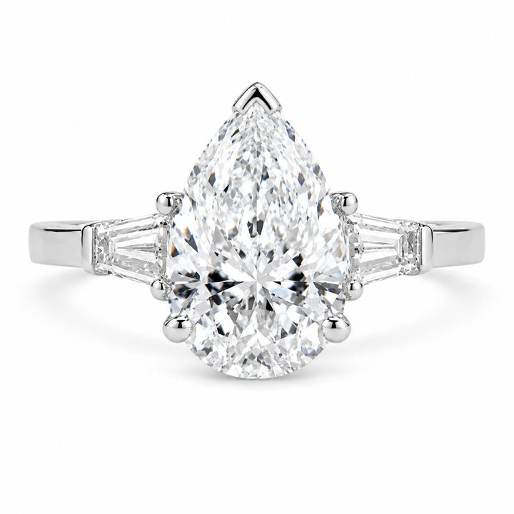 6.6 CT Pear Cut Lab-Grown Diamond Three-Stone Engagement Ring in 14K White Gold – Tapered Baguette Side Diamond Design