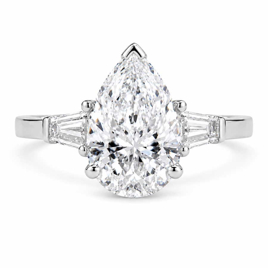 6.6 CT Pear Cut Lab-Grown Diamond Three-Stone Engagement Ring in 14K White Gold – Tapered Baguette Side Diamond Design