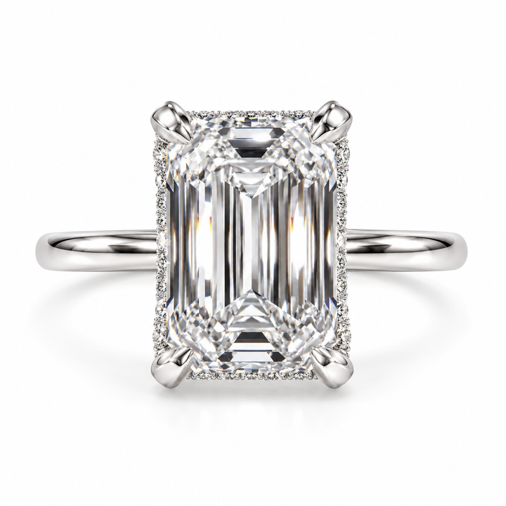 4 CT Emerald Cut Lab-Grown Diamond Cathedral Hidden Halo Pavé Prong Engagement Ring – Elegant Luxury Design