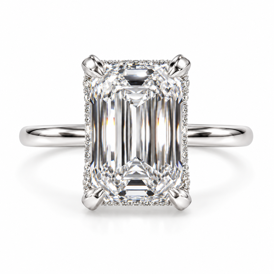 4 CT Emerald Cut Lab-Grown Diamond Cathedral Hidden Halo Pavé Prong Engagement Ring – Elegant Luxury Design