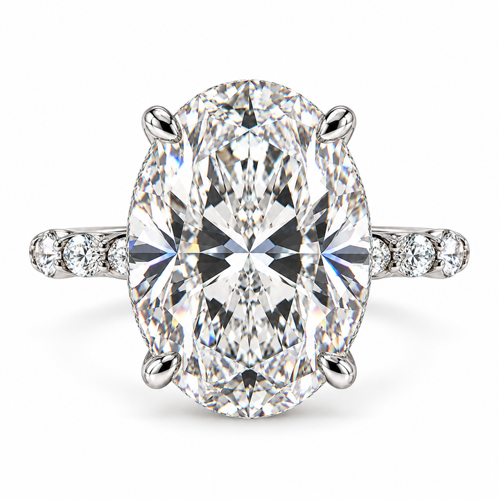 5 Carat Oval Cut Lab-Grown Diamond Hidden Halo Pavé Prong Set Engagement Ring with Marquise & Round Accents