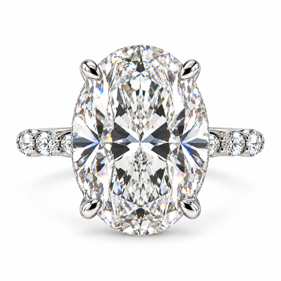 5 Carat Oval Cut Lab-Grown Diamond Hidden Halo Pavé Prong Set Engagement Ring with Marquise & Round Accents