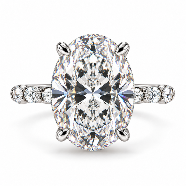 4 Carat Oval Cut Lab-Grown Diamond Hidden Halo Pavé Prong Set Engagement Ring with Marquise & Round Accents