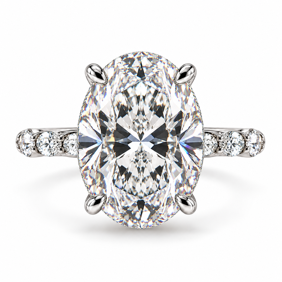 4 Carat Oval Cut Lab-Grown Diamond Hidden Halo Pavé Prong Set Engagement Ring with Marquise & Round Accents